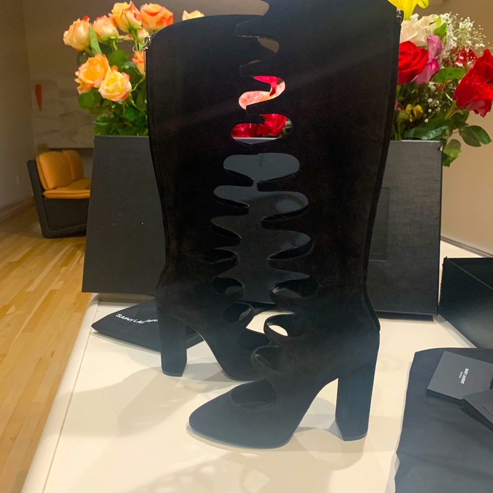 NWB RARE Saint Laurent Joplin Gladiator $3K Black Suede Boots Shoes Heels sz 37